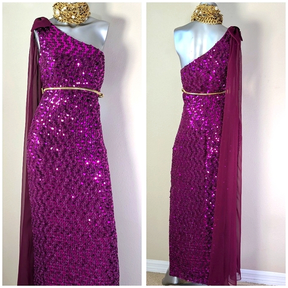 Off Shoulder Sequin Cocktail Evening Attached Chiffon Bow Side Split VTG Dress - Picture 3 of 12